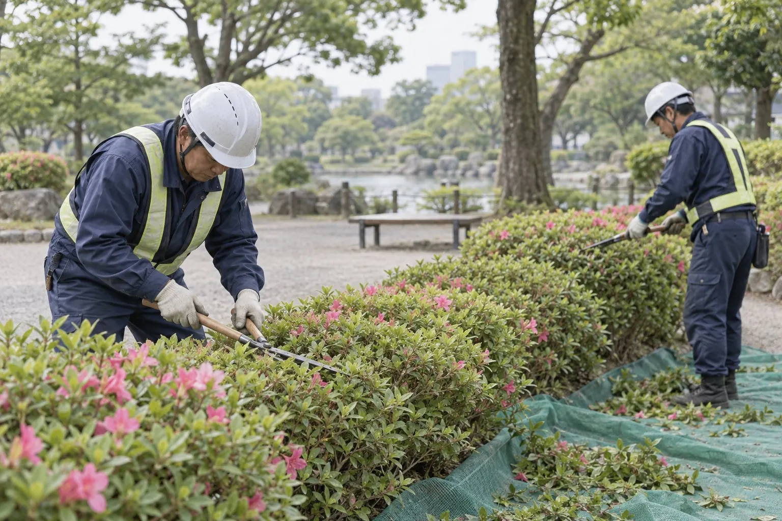 公園の植栽帯の手入れ