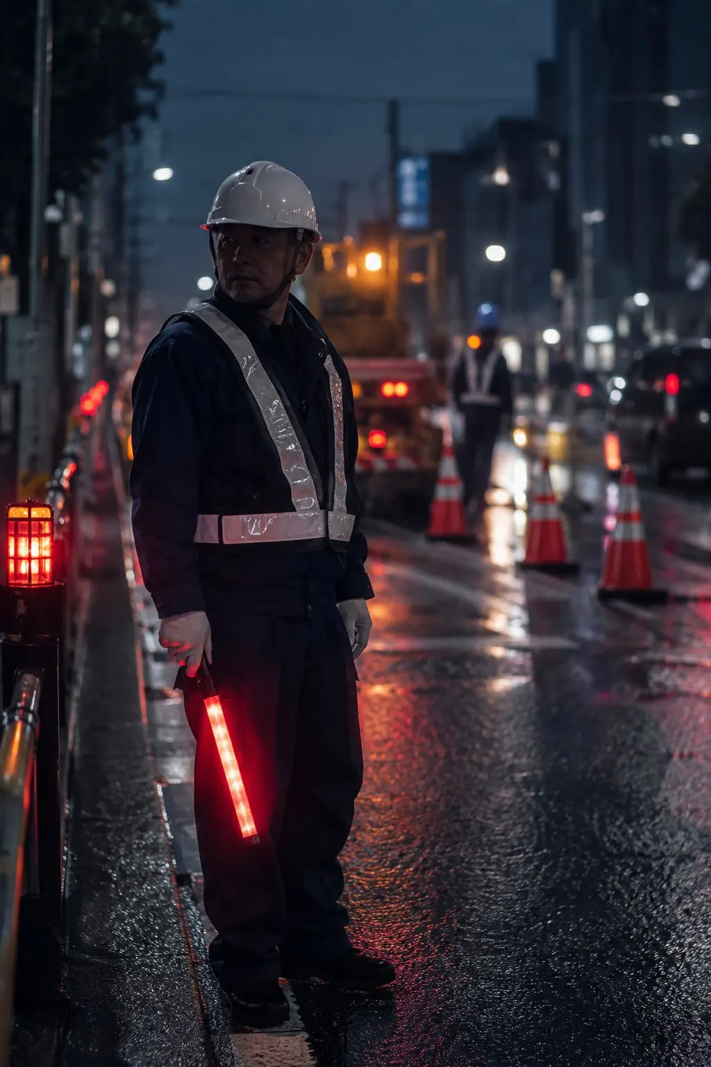 誘導灯を持つ交通誘導員