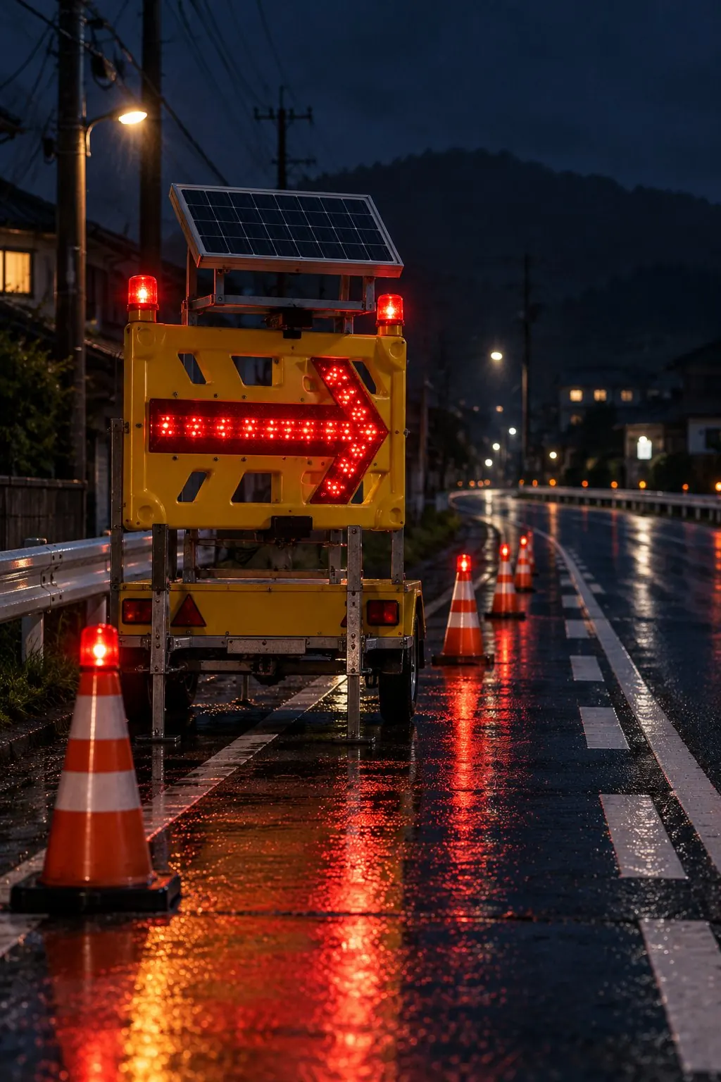 夜の道路に光る矢印板